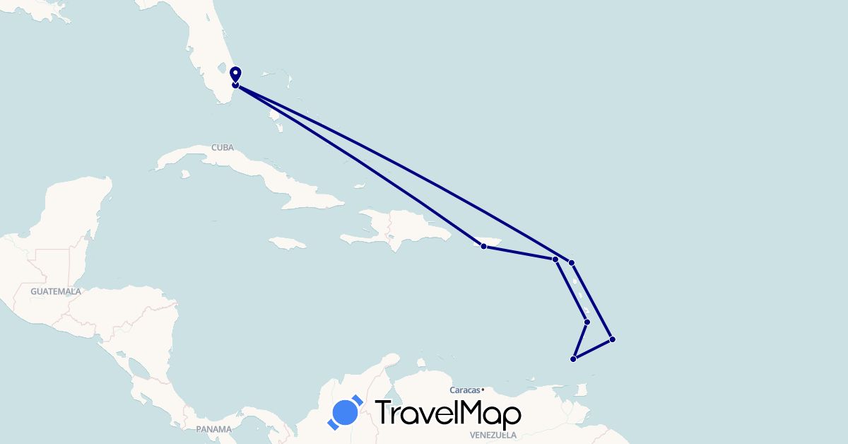 TravelMap itinerary: driving in Antigua and Barbuda, Barbados, Grenada, Saint Kitts and Nevis, Saint Lucia, United States (North America)